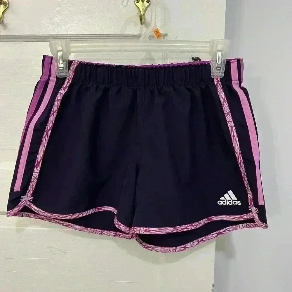 purple Adidas, running‎ shorts with pink trim